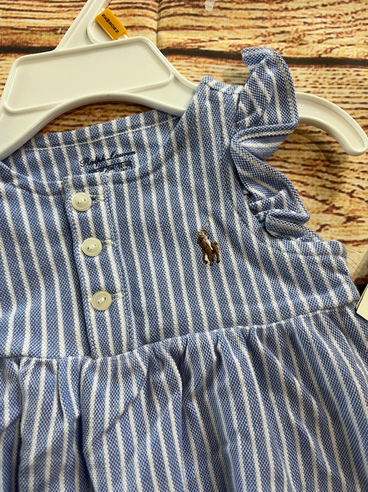 Ralph Lauren Polo Baby White/Blue Striped Oxford Bubble Shortall Jumper Newborn