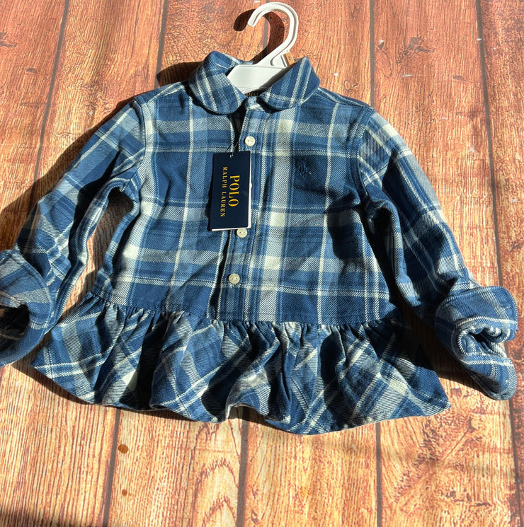 Ralph Lauren Polo Kids Blue & Cream Peplum Hem Cotton Plaid Shirt Size 2/2T